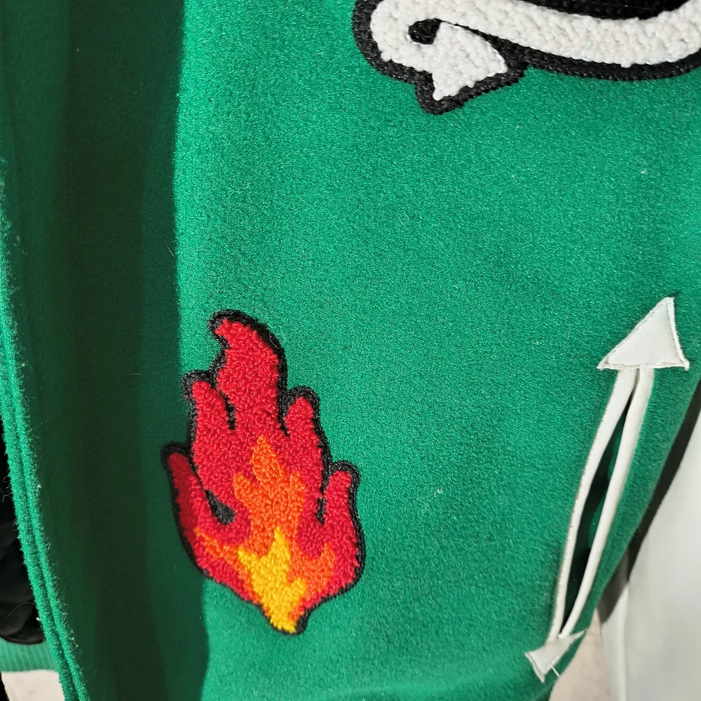 Black Pharoah Boy s Varsity Jacket Green & White W/Hood & Graphics / Patches